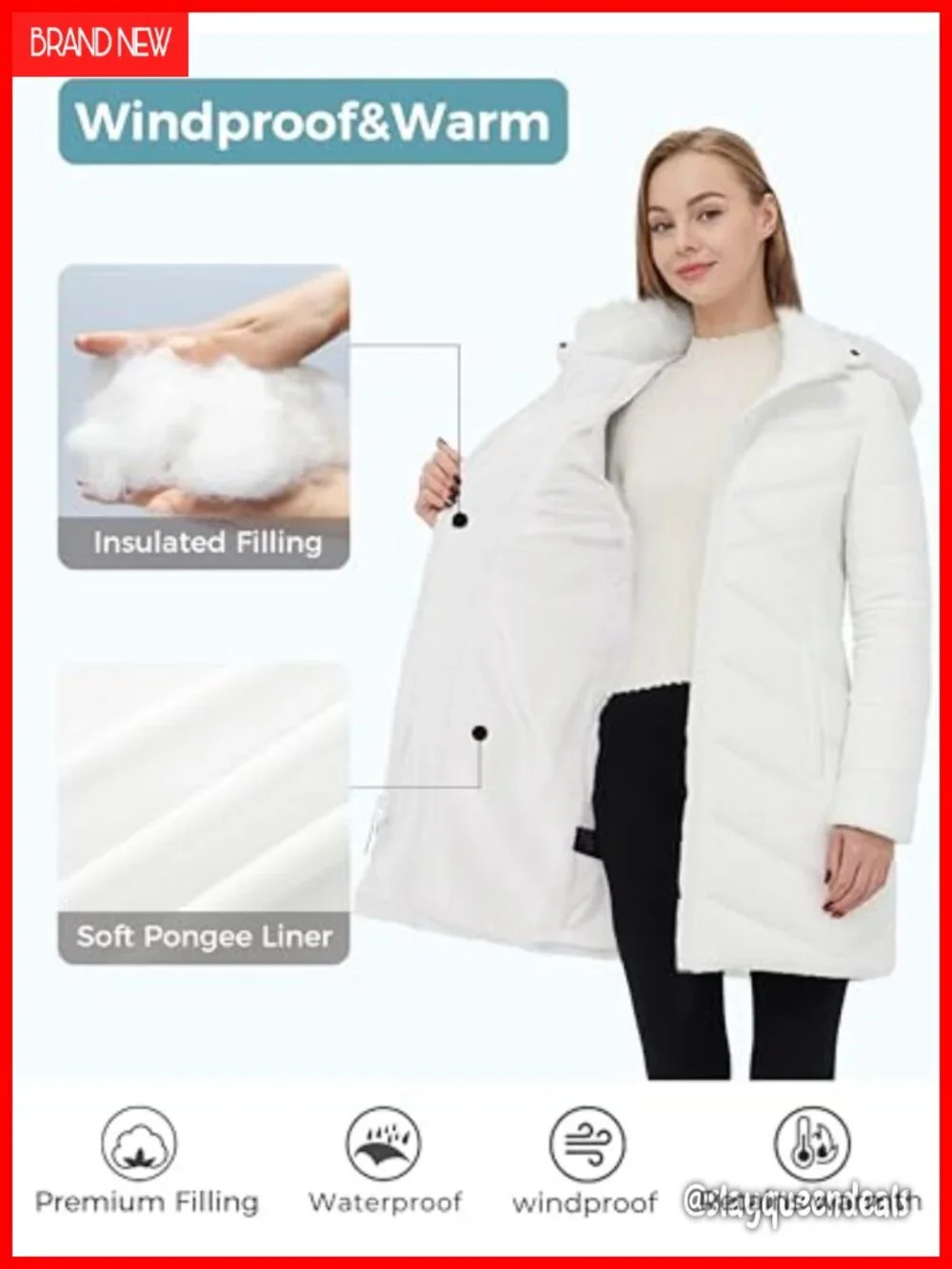 Long Quilted Puffer Jacket with Hood Waterproof Windproof Lightweight Winter